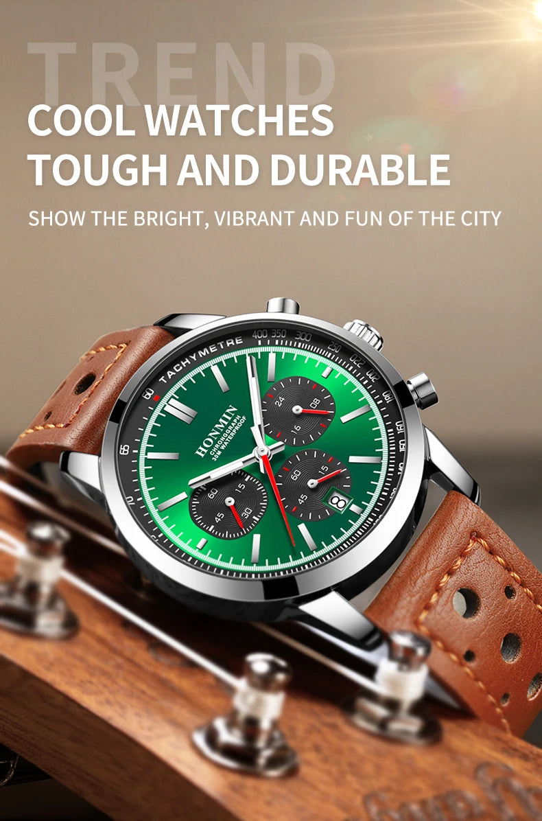 HONMIN Man Luxury Watch High Quality Waterproof Chronograph Luminous Men's Wristwatch Leather Men Quartz Watches Casual Clock
