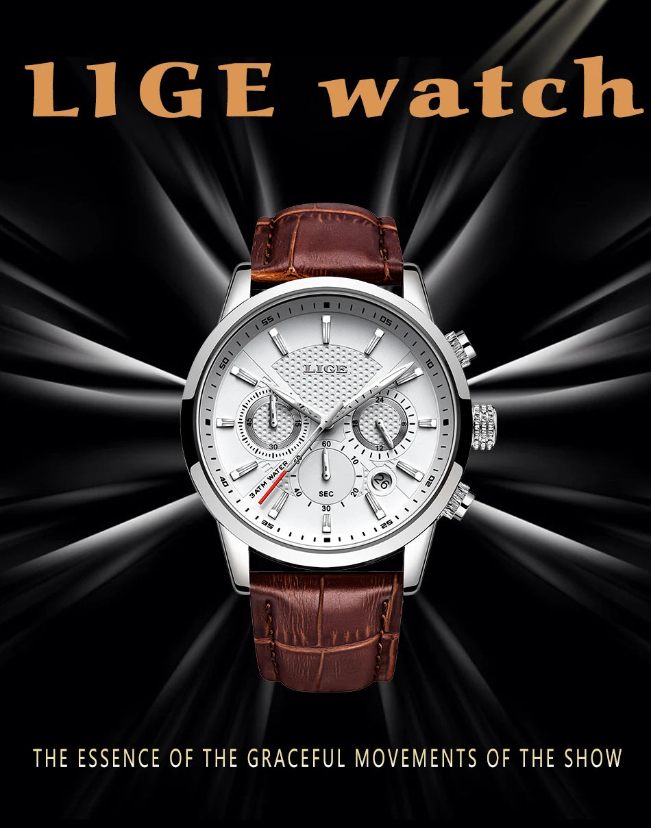 LIGE New Brown Leather Watch for Men Fashion Top Brand Luxury Men's Quartz Wristwatches Casual Waterproof Luminous Chronograph