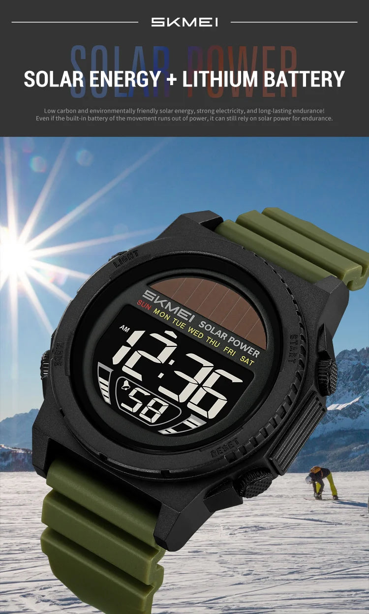 SKMEI Solar Energy Digital Sports Electronic Watches For Men Fashion Casual 5Bar Waterproof Chrono Wristwatch Clock Reloj Hombre