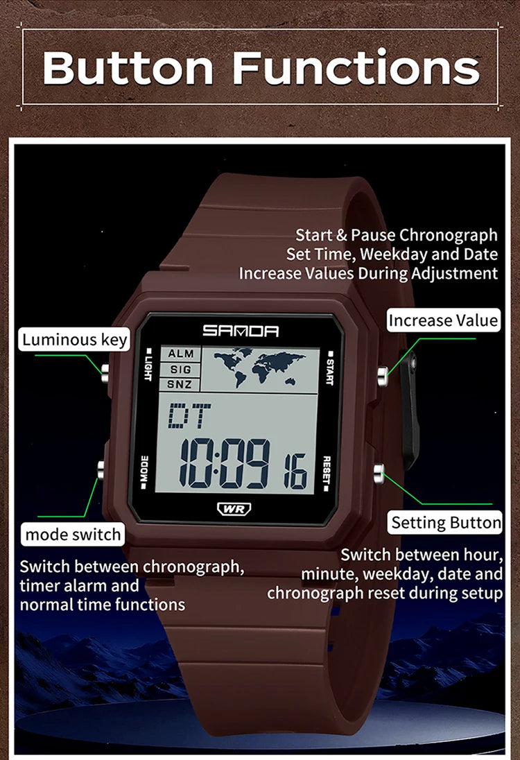 SANDA 2217 Sports Fashion Men Electronic Watches Multifunction Alarm Clock Countdown Luminous Waterproof Men's Digital Wristwatc