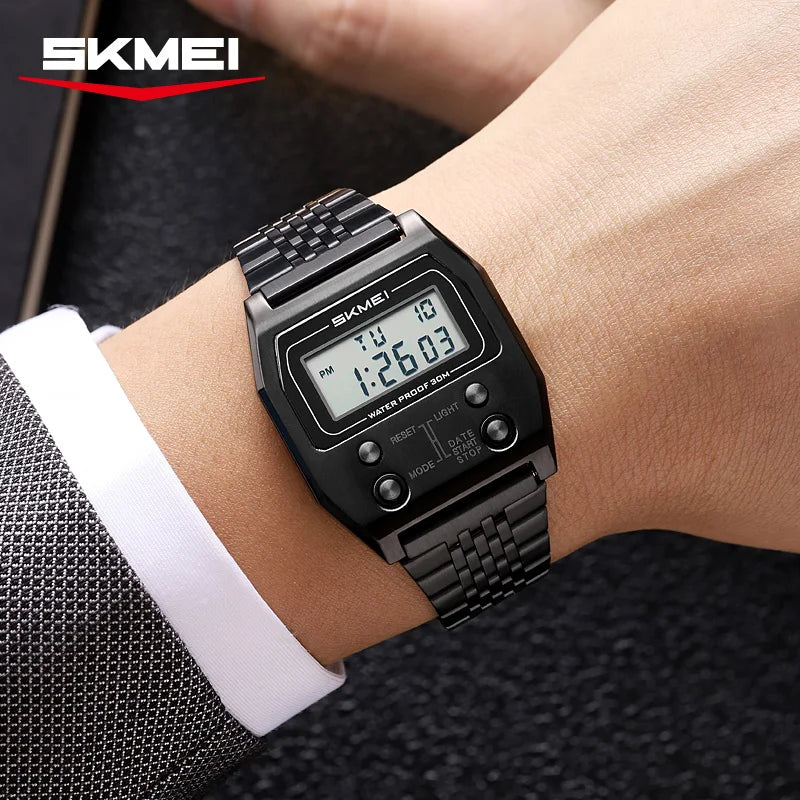 SKMEI 2460 Fashion Male LED Electronic Waterproof Stainless Steel Digital Mens Wristwatches Sport Watch for Men Reloj Hombre