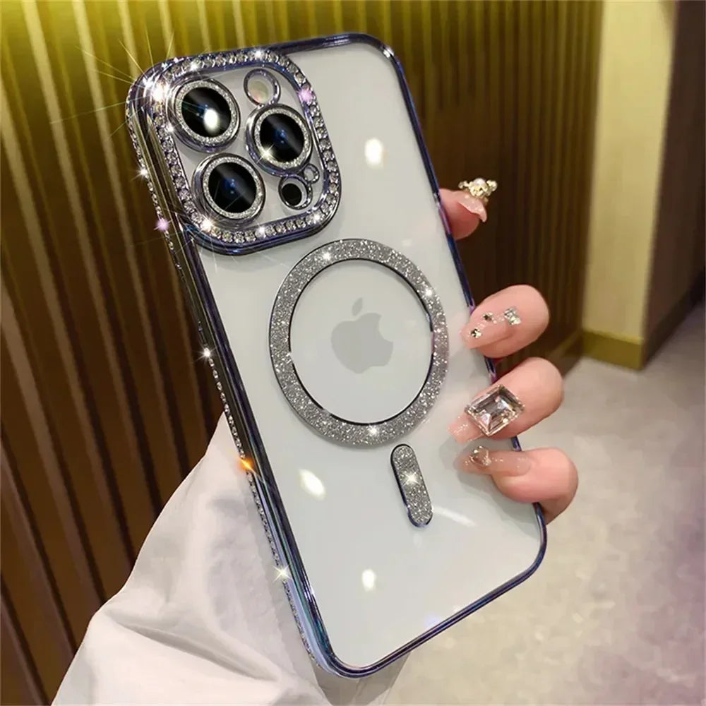 New Fashion Glitter Diamond Transparent Case For iPhone 17 16 15 14 13 11 12 Pro Max Funda Magnetic Wireless Charge Bumper Cover