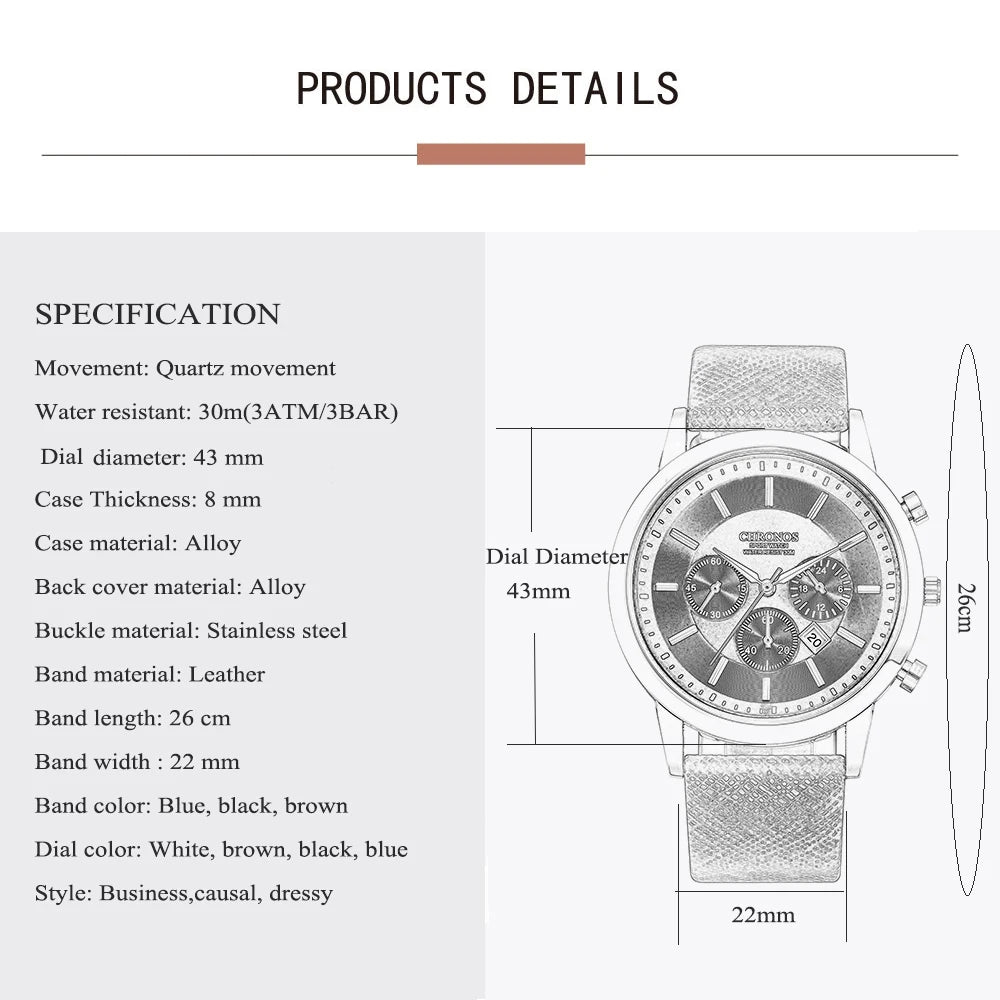 CHRONOS Mens Watches Male Sport Business Quartz Wristwatch  Dress Leather Clock Causal Military Timepiece Relogio Masculino