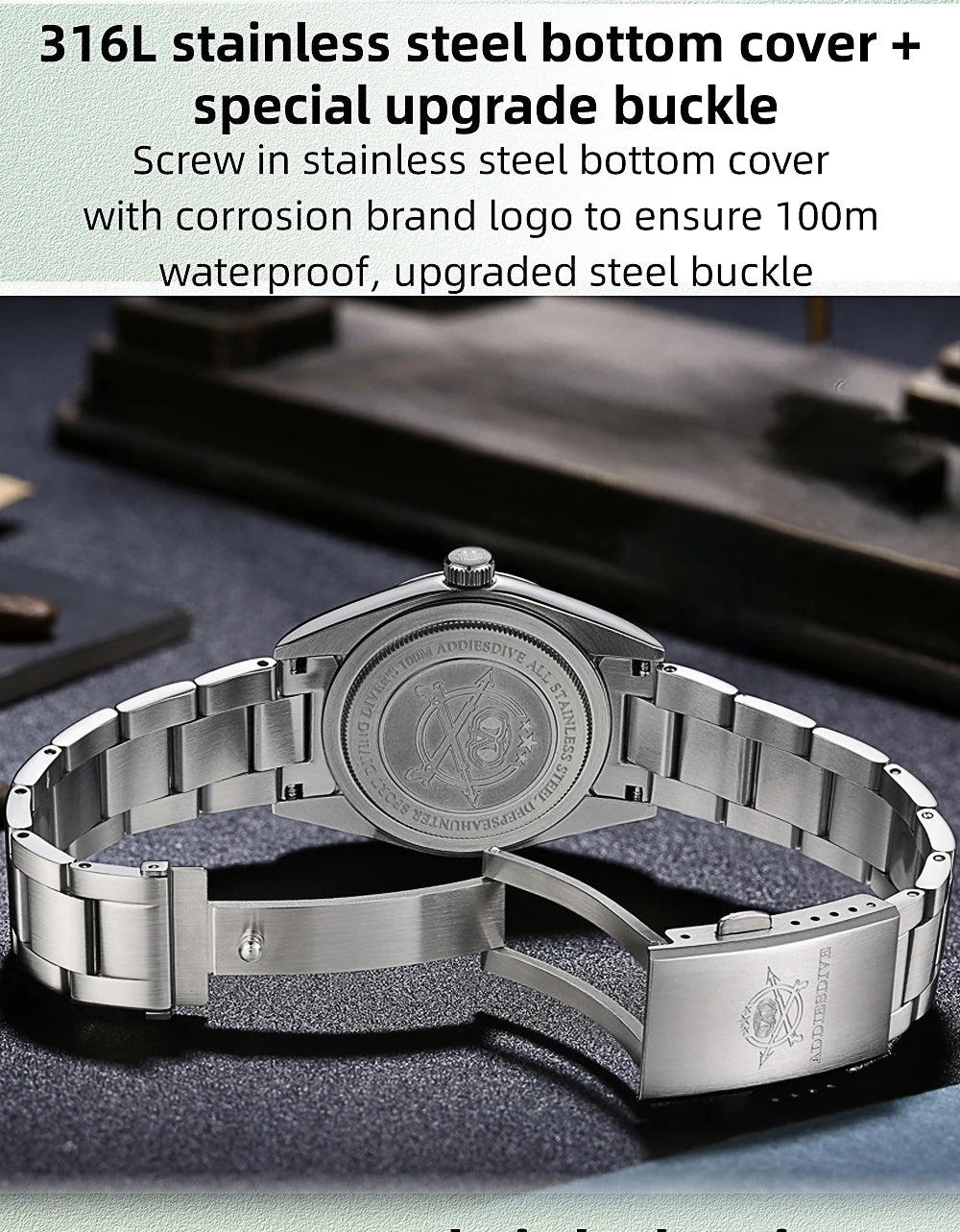 ADDIESDIVE 36MM Simple Stainless Steel Men's Watch Bubble Mirror Glass Luxury Quartz Watches 100M Waterproof AD2066 Reloj Hombre