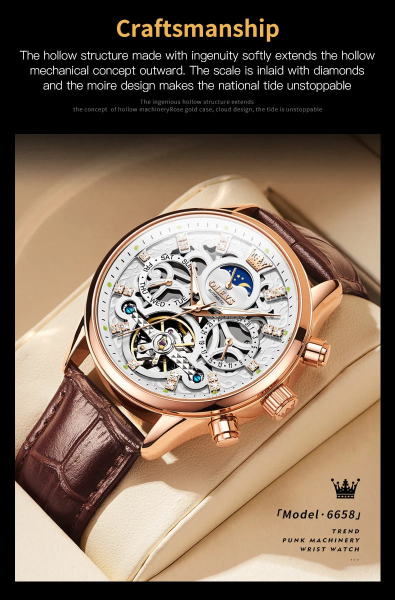 OLEVS 6658 Mens Watch Business Leather Strap Reloj  Hollow out Mechanical Automatic Wristwatch Waterproof Luminous Watch For Man
