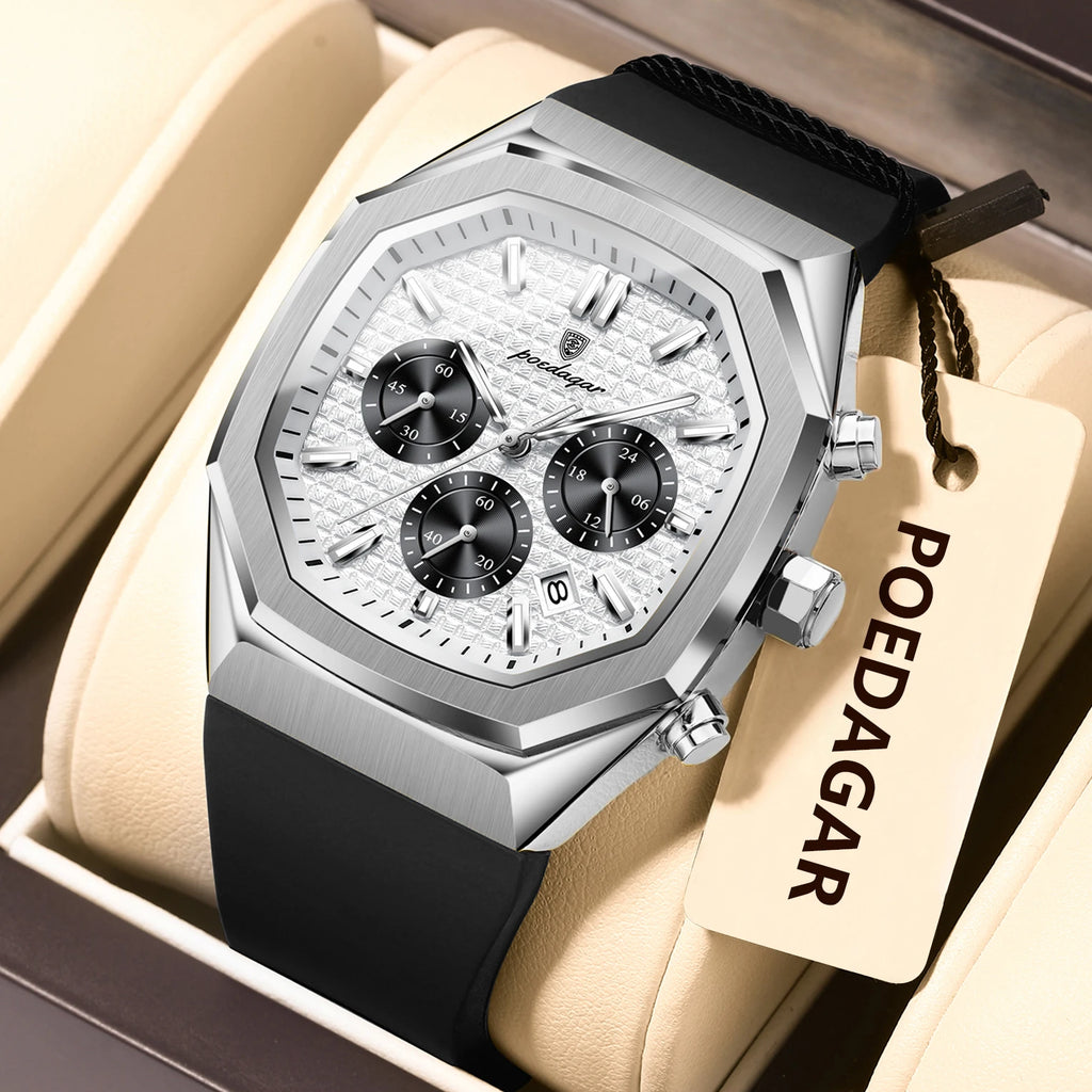 POEDAGAR Business Men's Wristwatch Chronograph Date Silicone Strap Man Watch Waterproof Luminous Military Quartz Watches For Men