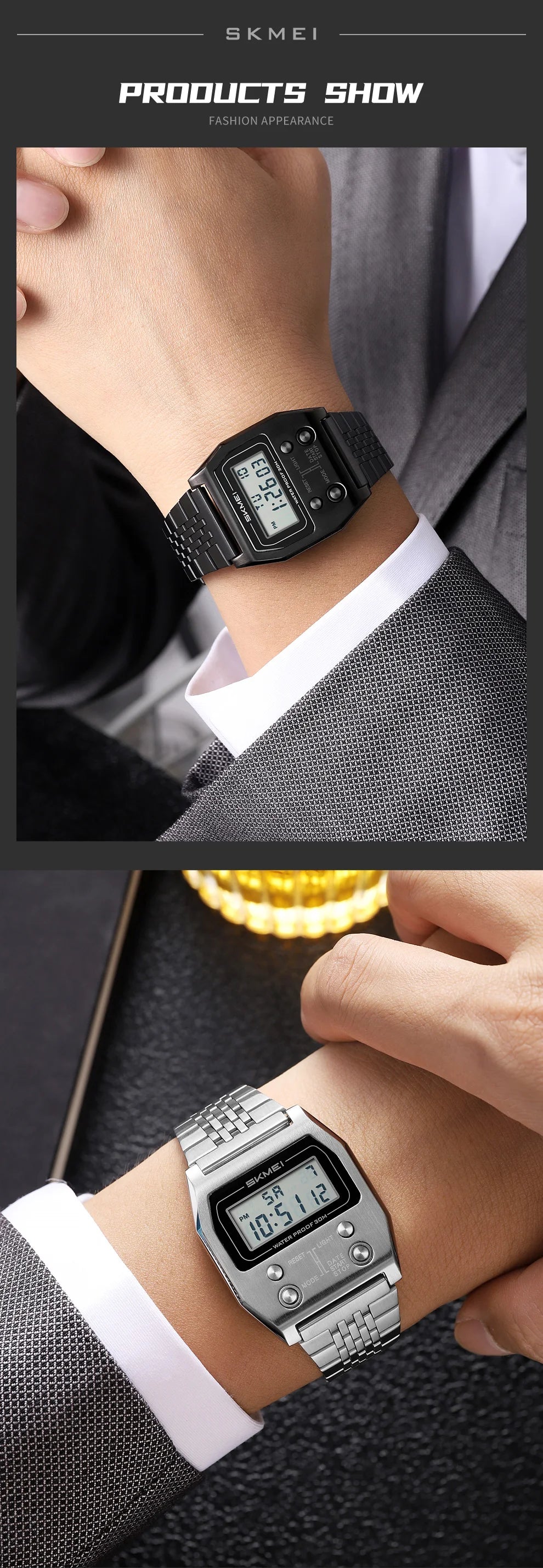 SKMEI 2460 Fashion Male LED Electronic Waterproof Stainless Steel Digital Mens Wristwatches Sport Watch for Men Reloj Hombre