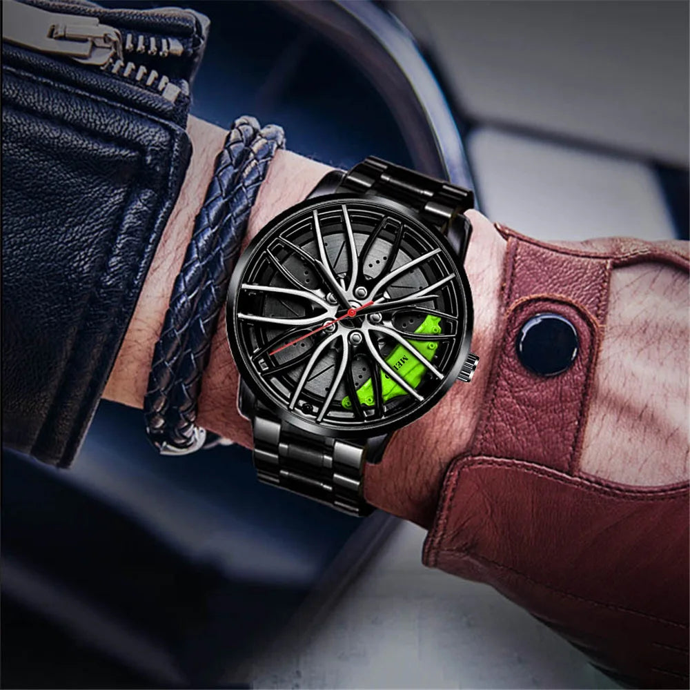 New Fashion Men Leather Watches Men Car Wheel Hub Stainless Steel Quartz Watch For Mens Military Sports Watch Relogio Masculino
