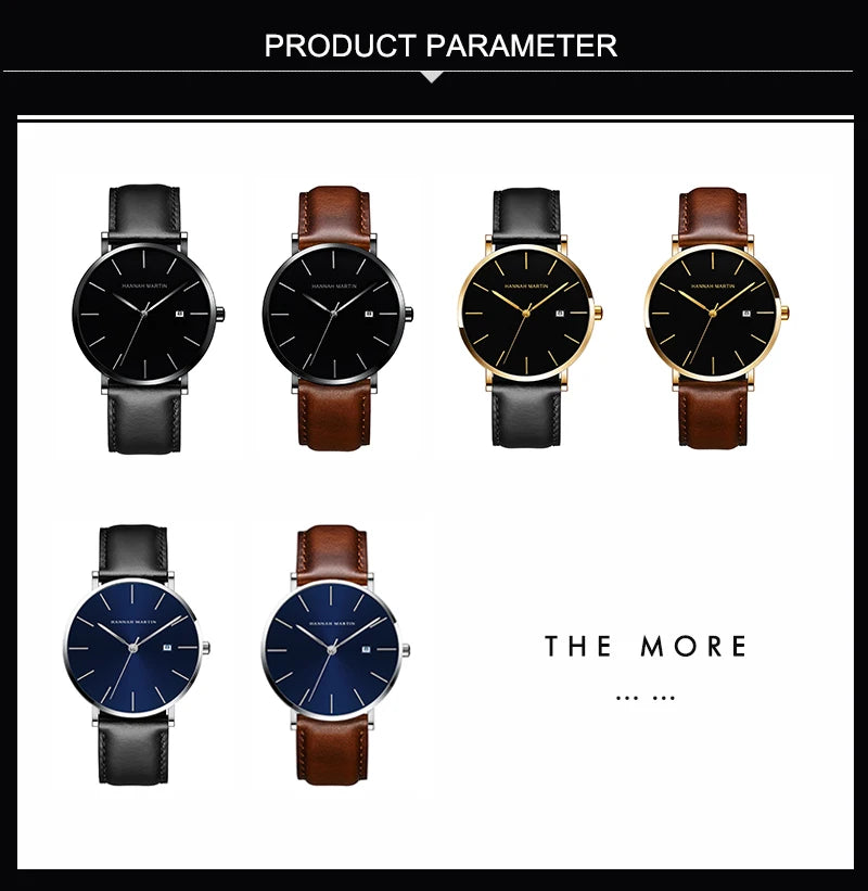 Men Dropshipping Wristwatch Hannah Martin Japan Movement 40mm Blue Minimalist Casual Leather Top Brand 3Bar Luxury Watch for Men