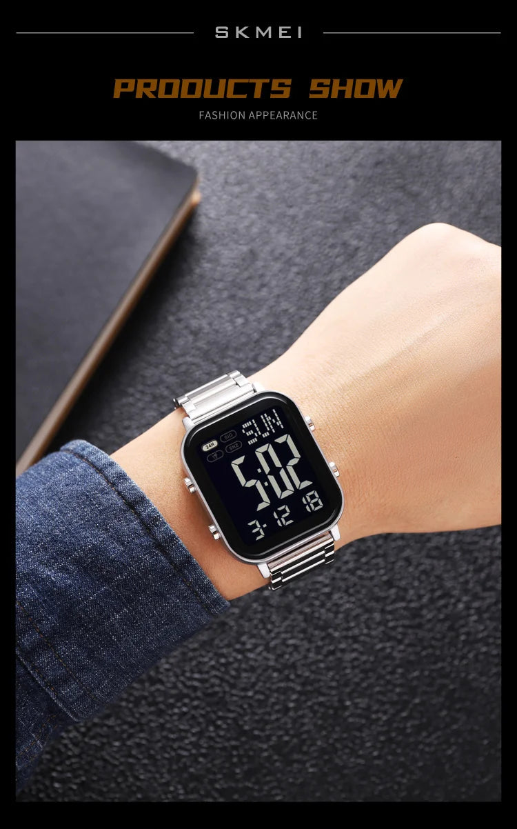 Skmei Men Digital Watches Luxury Stainless Steel Strap Dual Time Zone Man Sports Bracelet Watch 30M Waterproof Male Alarm Clock