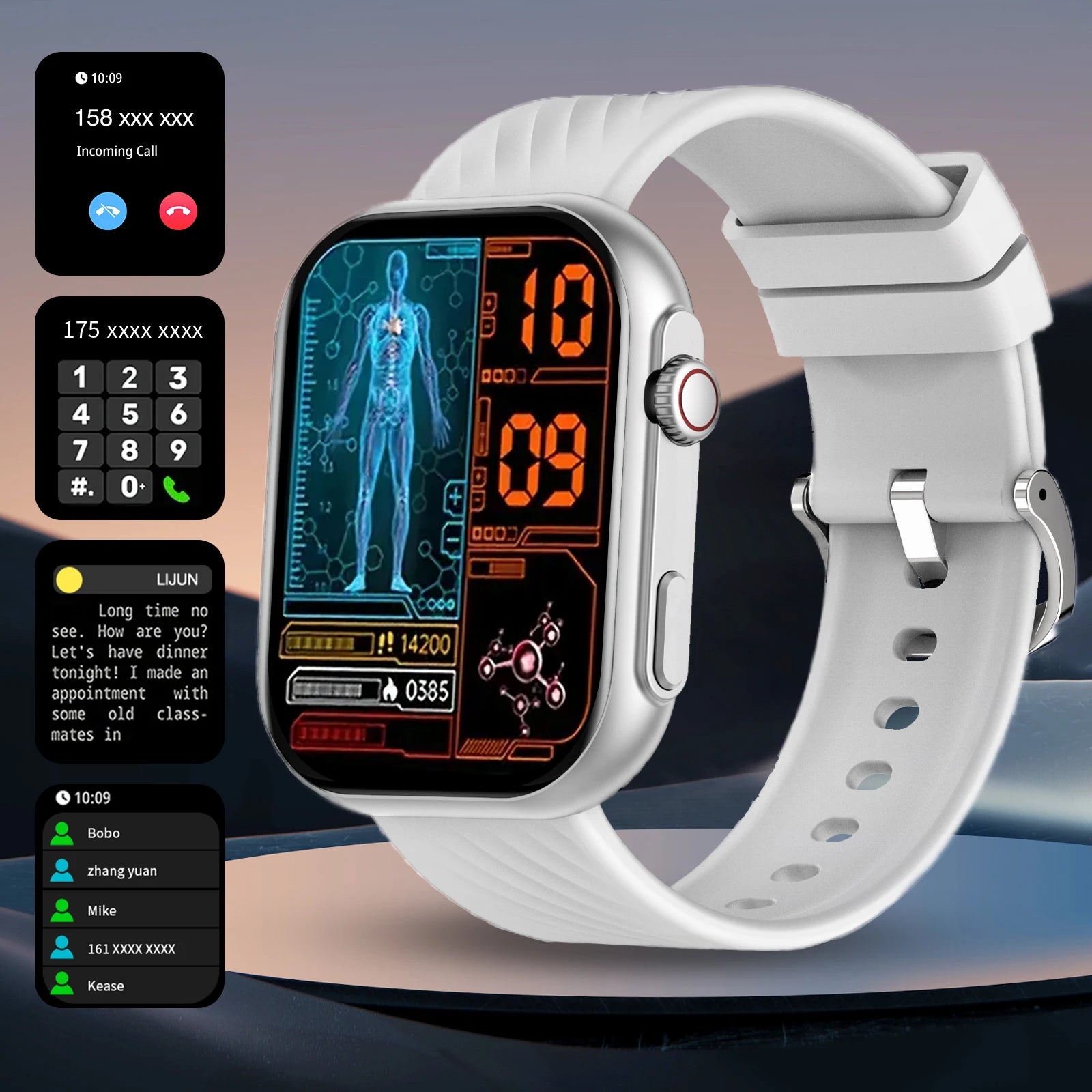 Smart watch, wireless calling, message reminder, multi-sport mode, 2.01-inch HD screen, custom dial wallpaper, unisex