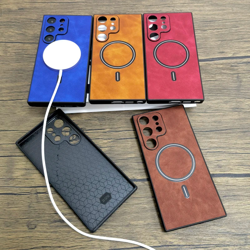 Luxury Leather Magnetic Case For Samsung Galaxy S26 S25 S24 S23 S22 S21 Ultra Plus FE Note 20 S 24 23 For Magsafe Wireless Cover