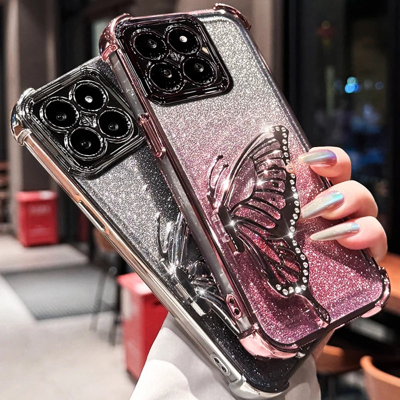 Shockproof Plating Glitter Butterfly Bracket Bracelet Case for iPhone 17 Air 16 15 14 13 12 11 17 Pro Max 16 Plus 16E Soft Cover