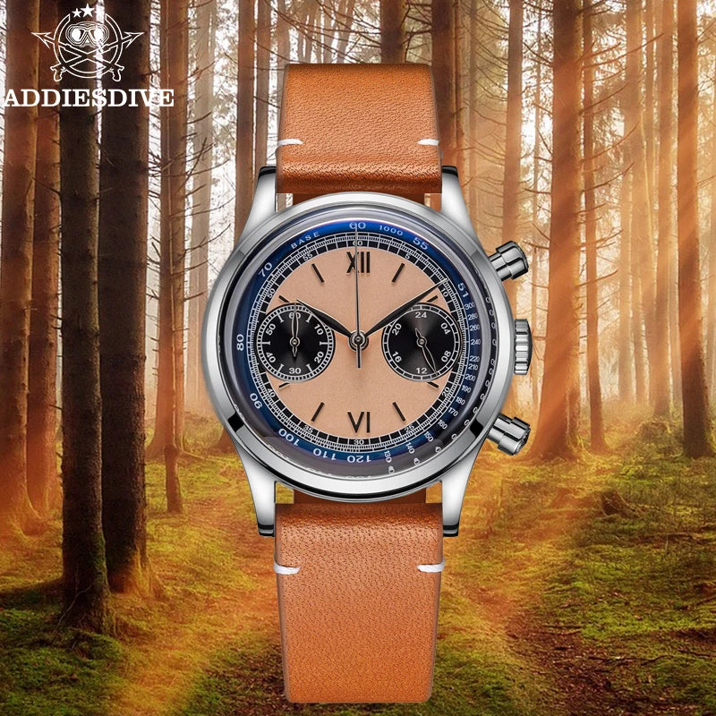ADDIESDIVE AD2037 VK64 Multifunctional Chronograph Watch 10Bar Waterproof Mens Leather Watch Quartz Watches Reloj Hombre