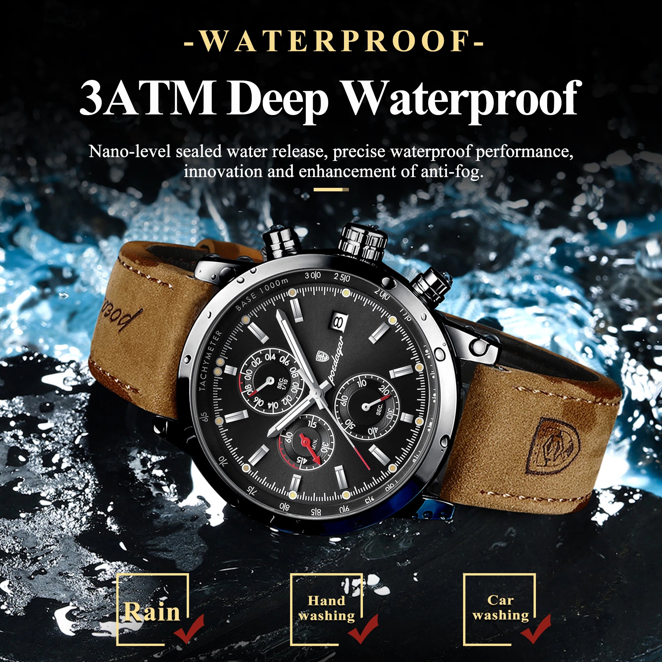 POEDAGAR Fashion Quartz Men's Watch Waterproof Luminous Chronograph Date Leather Man Watch Luxury Business Watches For Men Reloj