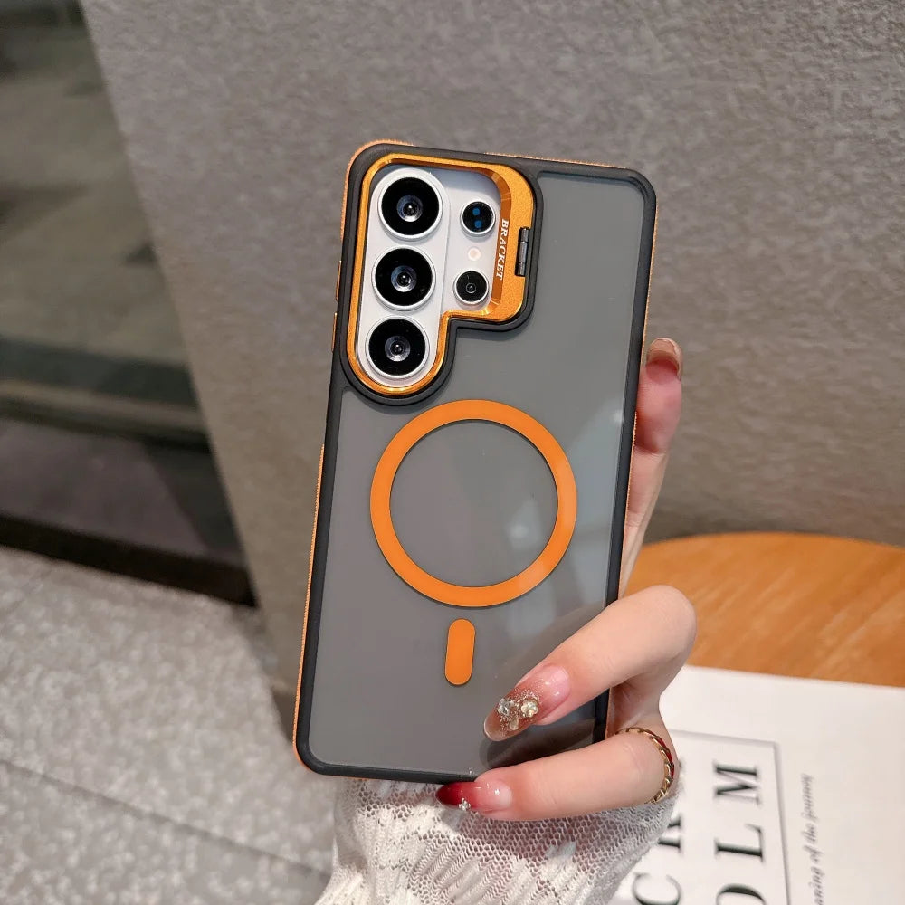 Flip Metal Lens Holder Case for Samsung Galaxy S26 Ultra S25 S22 S24 S23 Ultra FE S26 Edge Plus Magnetic Wireless Charging Cover