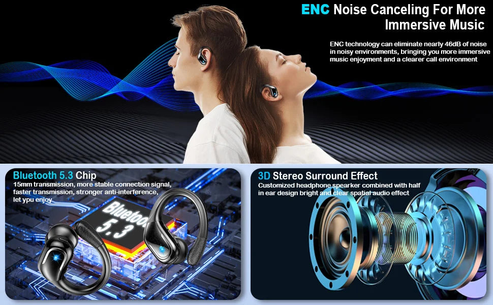 75Hrs Bluetooth 5.3 Earphones IP7 Waterproof Wireless Headphones with ENC Noise Cancelling Mic Deep Bass For Sports Workout Gym