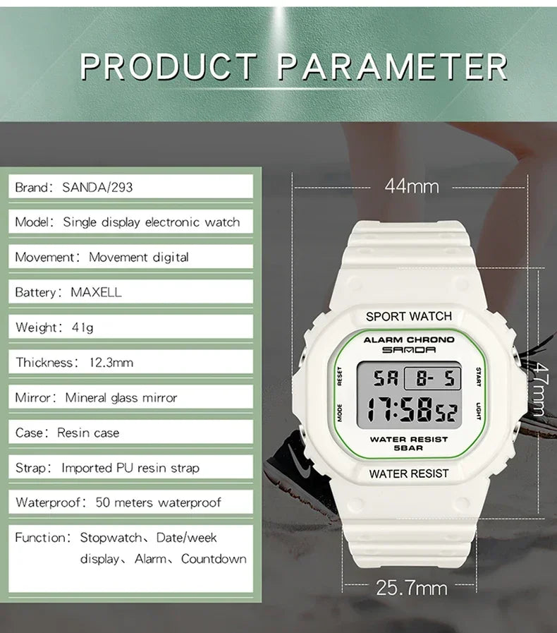 SANDA 293  Waterproof Watch Fashion Brand Ladies Watches For Women Sport Digital Wristwatches Female Clock LED Display 50m