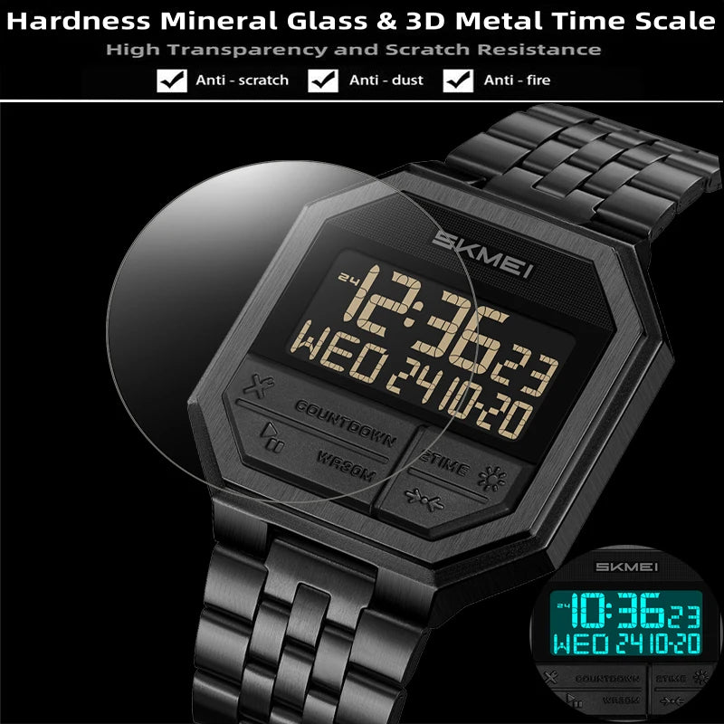 Skmei Luxury Steel Strap Digital Watches for Mens LED Light 50M Waterproof Fashion Sports Dual Time with Alarm Clock