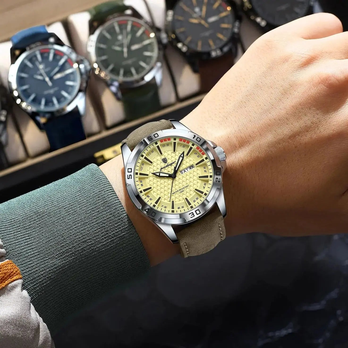 POEDAGAR Top Casual Sports Men Watch Waterproof Luminous Date Week Fashion Watch For Man Leather Classic Men's Quartz Wristwatch