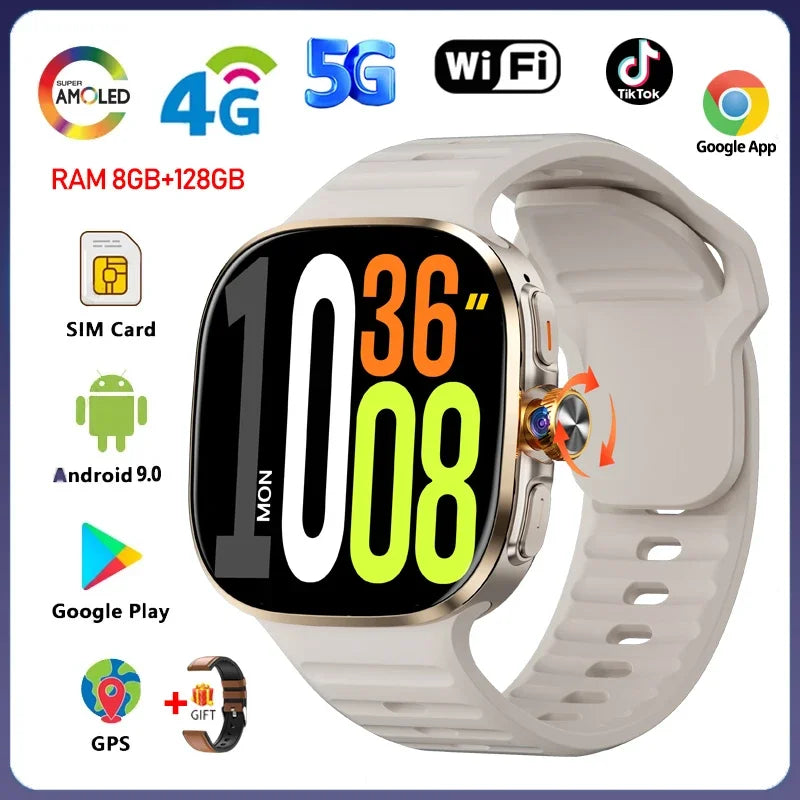8GB+128GB RAM 5G/4G Smart Watch 2.4 inch AMOLED 2100mah Battery 900W Camera GPS WIFI Google APPS Download Smartwatch Android 10
