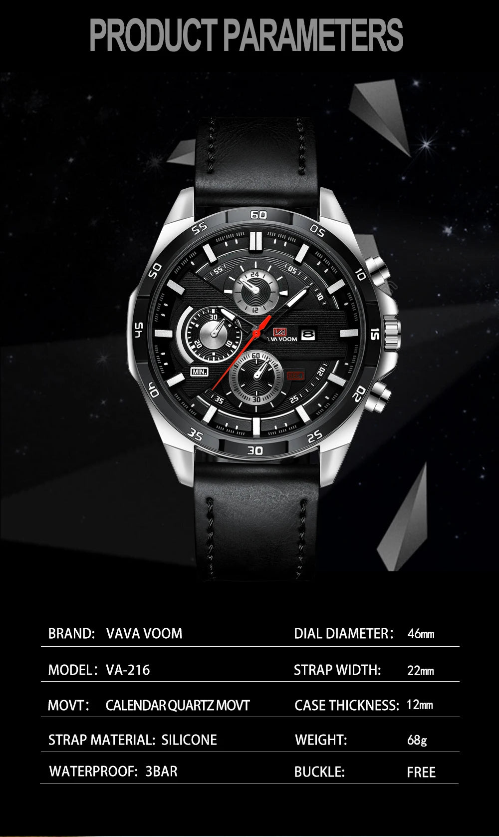 Man Sports Watches Fashion Racing Series 46mm Black Leather Clock VA VA VOOM Quartz Movement 3Bar Waterproof Wrist Watch for Men