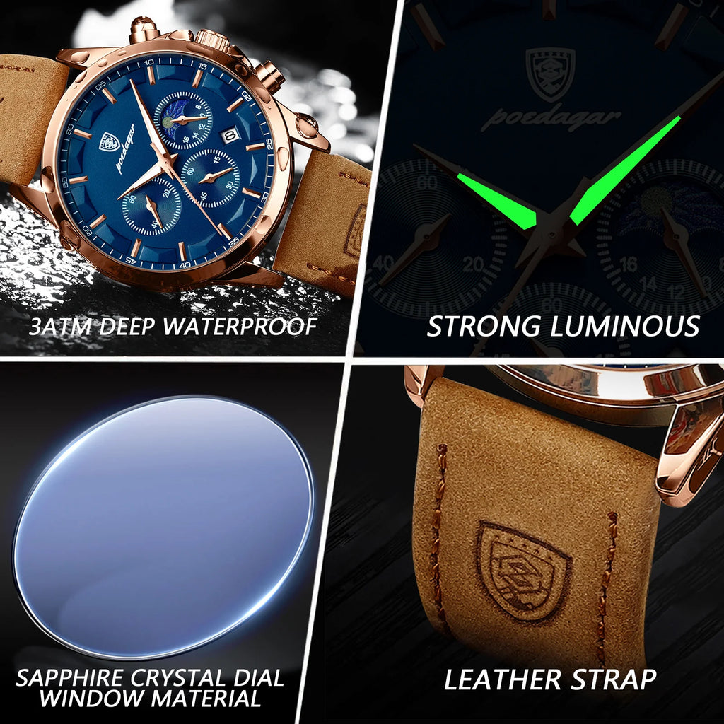 POEDAGAR Sports Luxury Men Quartz Watch Waterproof Chronograph Luminous Date Man Wristwatch Business Leather Men's Watches Clock