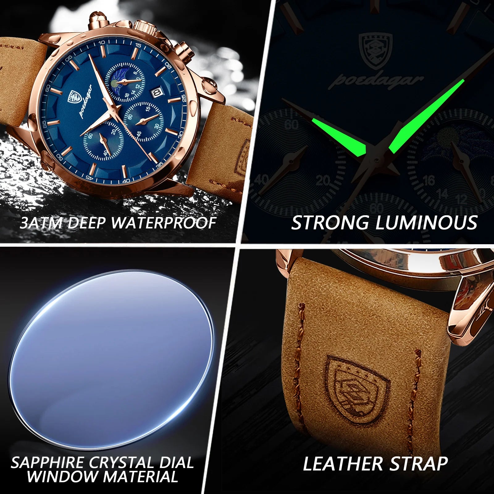 POEDAGAR Sports Luxury Men Quartz Watch Waterproof Chronograph Luminous Date Man Wristwatch Business Leather Men's Watches Clock