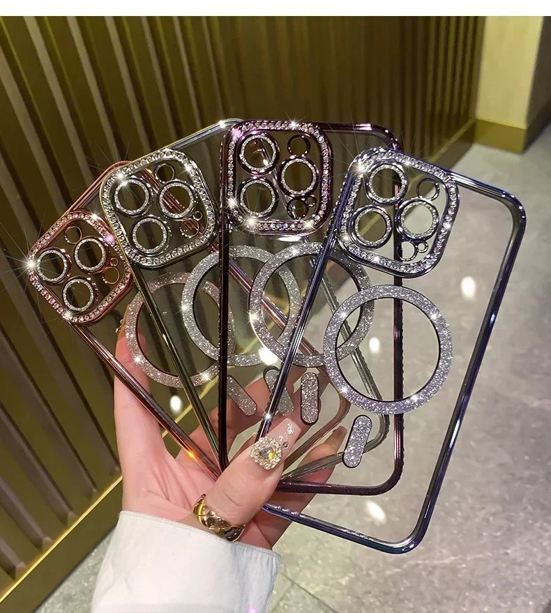 New Fashion Glitter Diamond Transparent Case For iPhone 17 16 15 14 13 11 12 Pro Max Funda Magnetic Wireless Charge Bumper Cover
