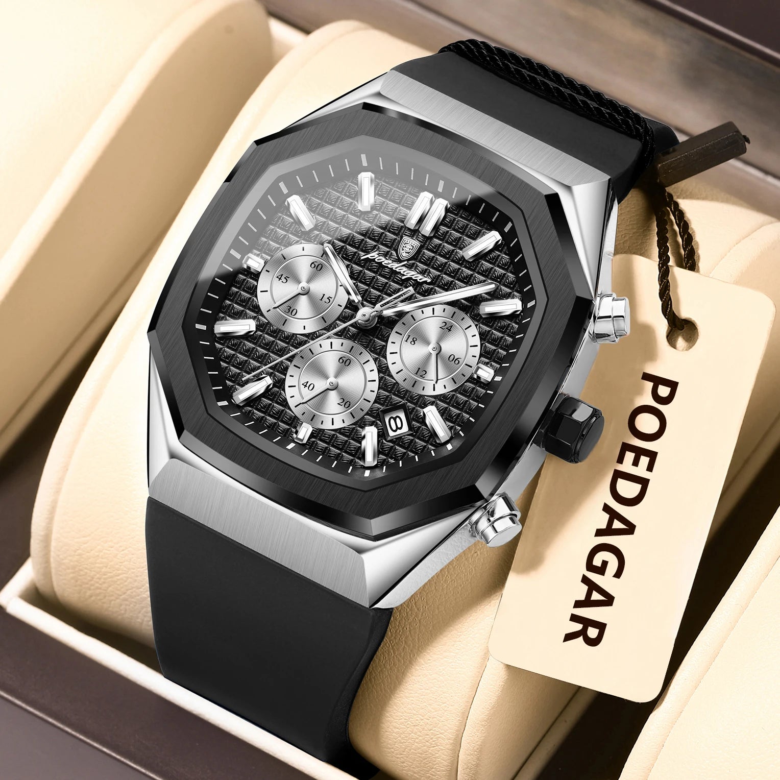 POEDAGAR Business Men's Wristwatch Chronograph Date Silicone Strap Man Watch Waterproof Luminous Military Quartz Watches For Men