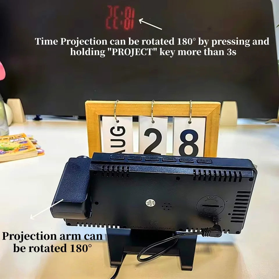 180° Rotation Projection Digital Alarm Clock Temperature Humidity Night Mode Snooze 12/24H USB Powered Projector Table LED Clock