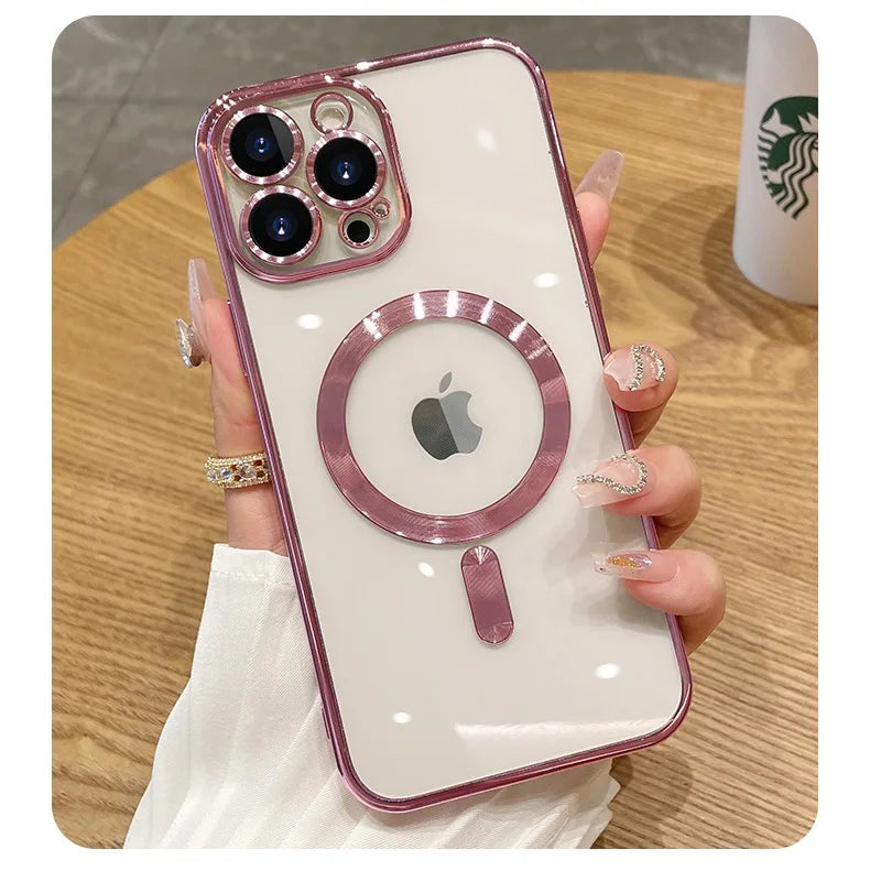 Luxury Plating For Magsafe Case For iPhone 16 15 14 13 12 11 Pro Max Wireless Charge Magnetic Cover With Camera Lens Protector