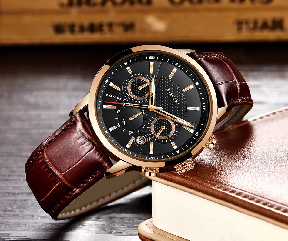 LIGE New Brown Leather Watch for Men Fashion Top Brand Luxury Men's Quartz Wristwatches Casual Waterproof Luminous Chronograph