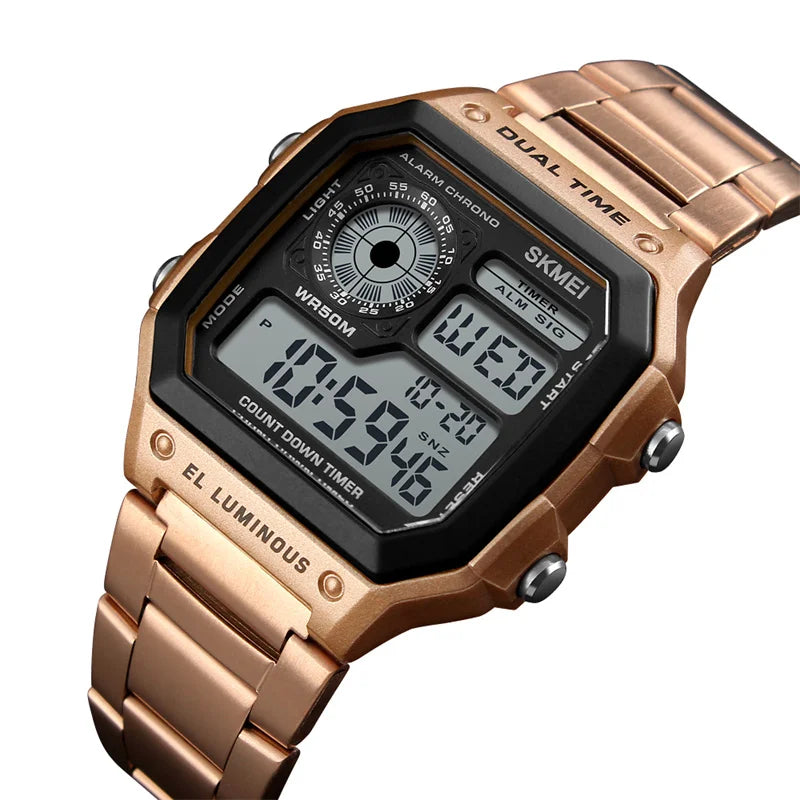 Skmei Dual Time Zone Men's Digital Sports Bracelet Watches Luxury Stainless Steel Band 50M Waterproof Led Chronograph Stop Watch