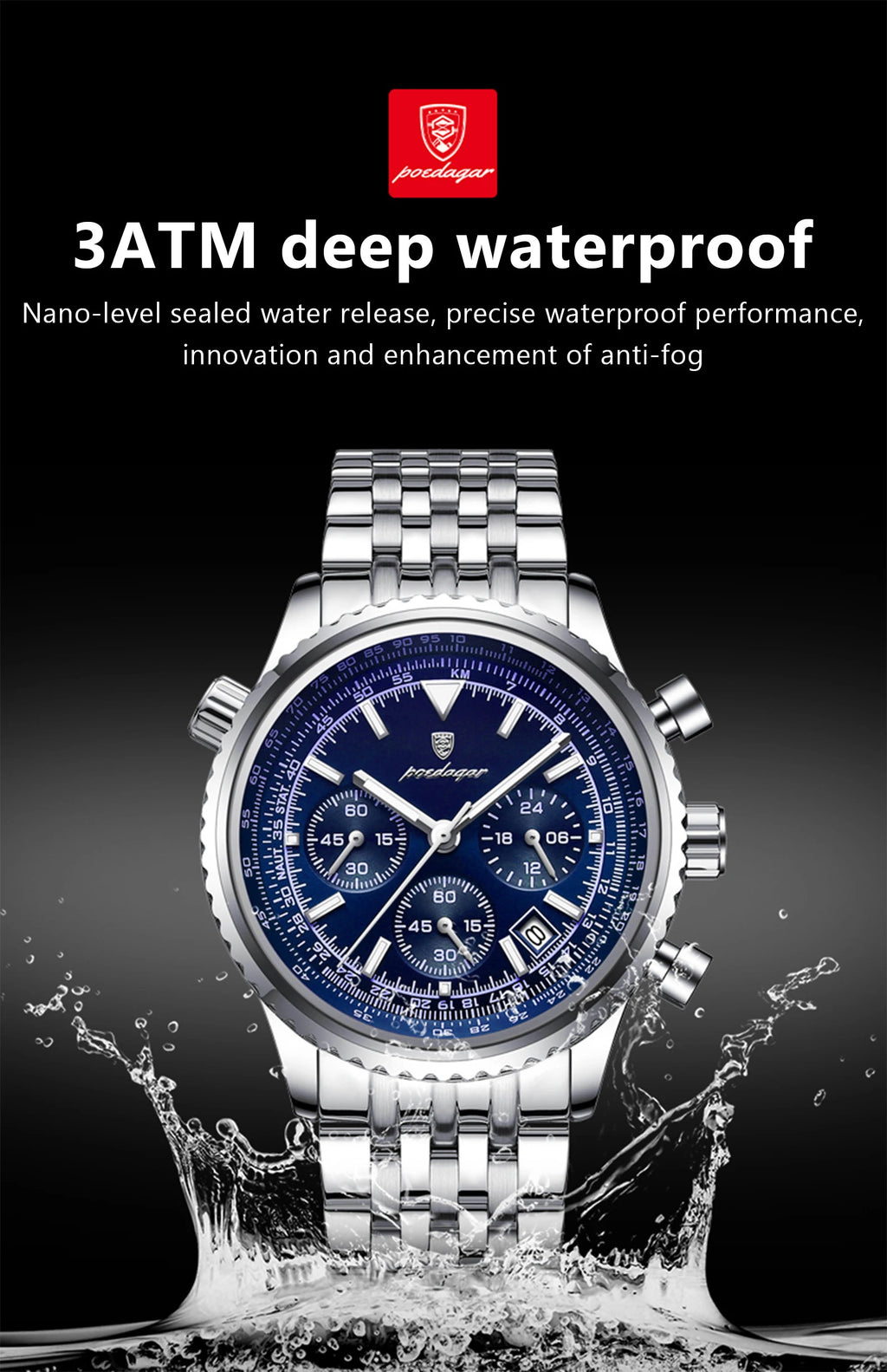POEDAGAR Luxury Sport Man Watch Chronograph Date Waterproof Luminous Men's Quartz Watches Stainless Steel Fashion Men Wristwatch