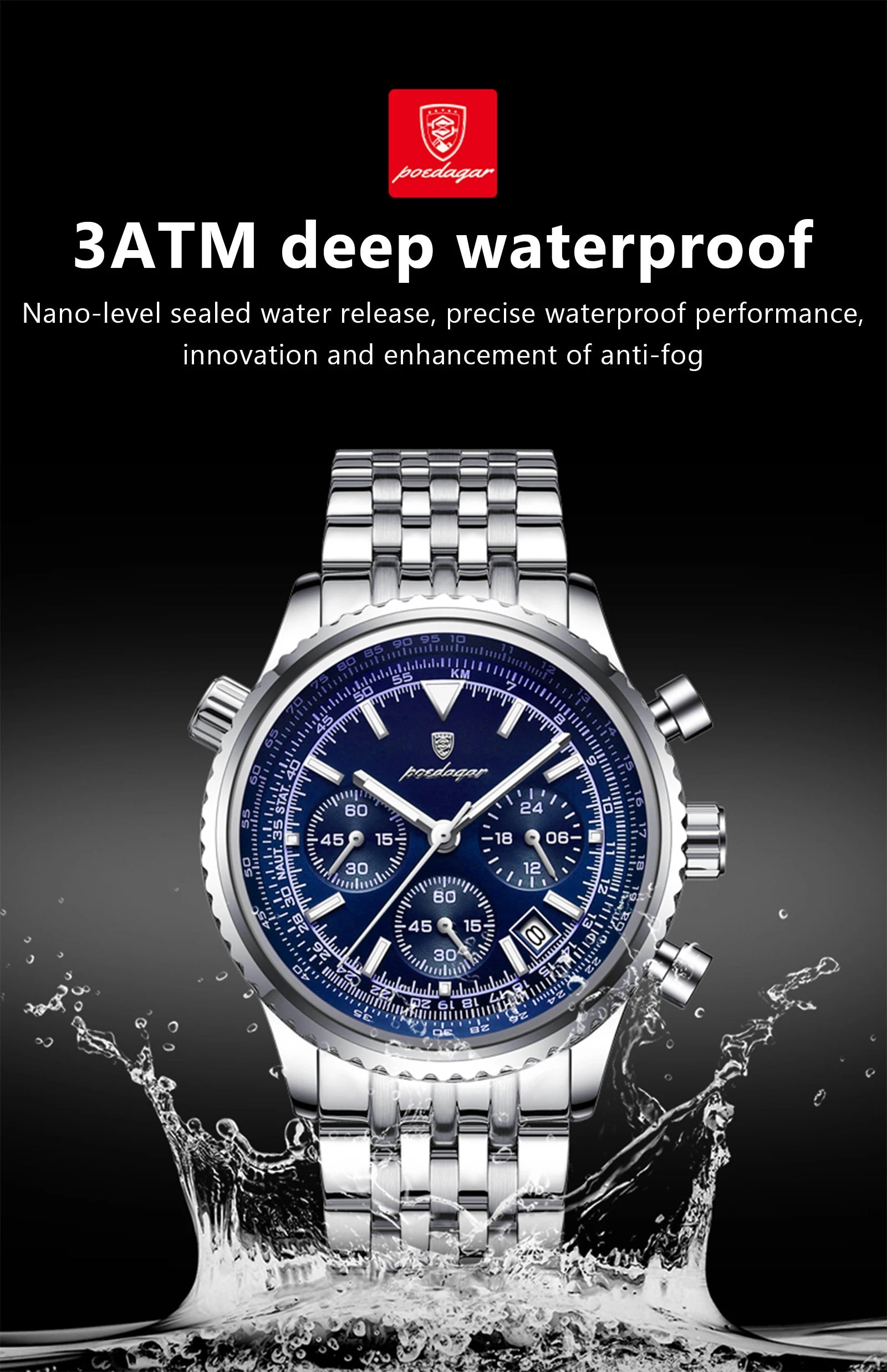 POEDAGAR Luxury Sport Man Watch Chronograph Date Waterproof Luminous Men's Quartz Watches Stainless Steel Fashion Men Wristwatch