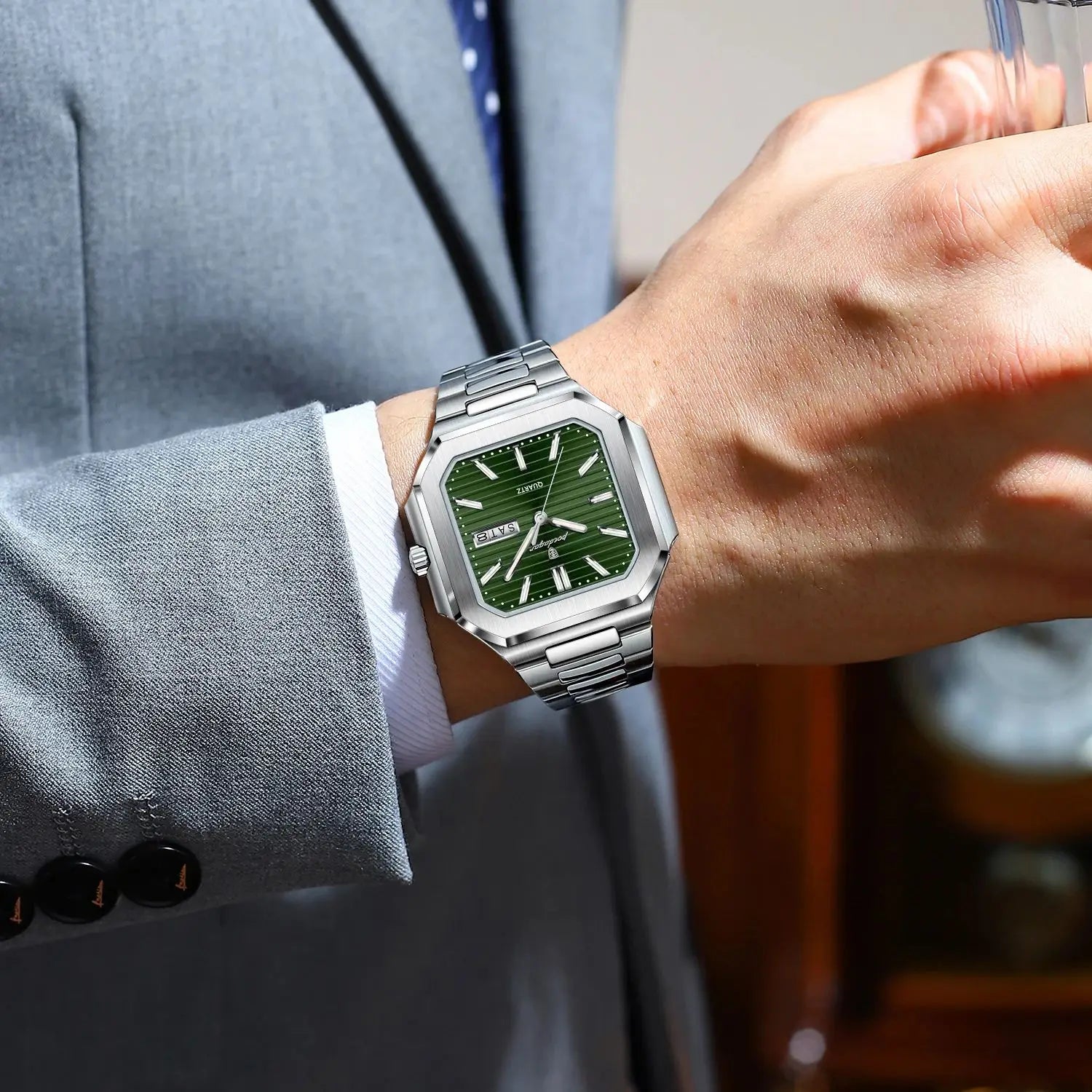 POEDAGAR Luxury Square Male Watch Waterproof Luminous Date Week Quartz Watches For Men Stainless Steel Fashion Men's Clock Reloj
