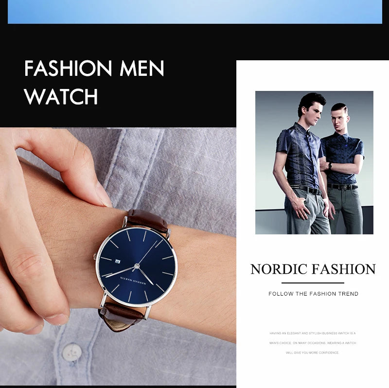 Men Dropshipping Wristwatch Hannah Martin Japan Movement 40mm Blue Minimalist Casual Leather Top Brand 3Bar Luxury Watch for Men