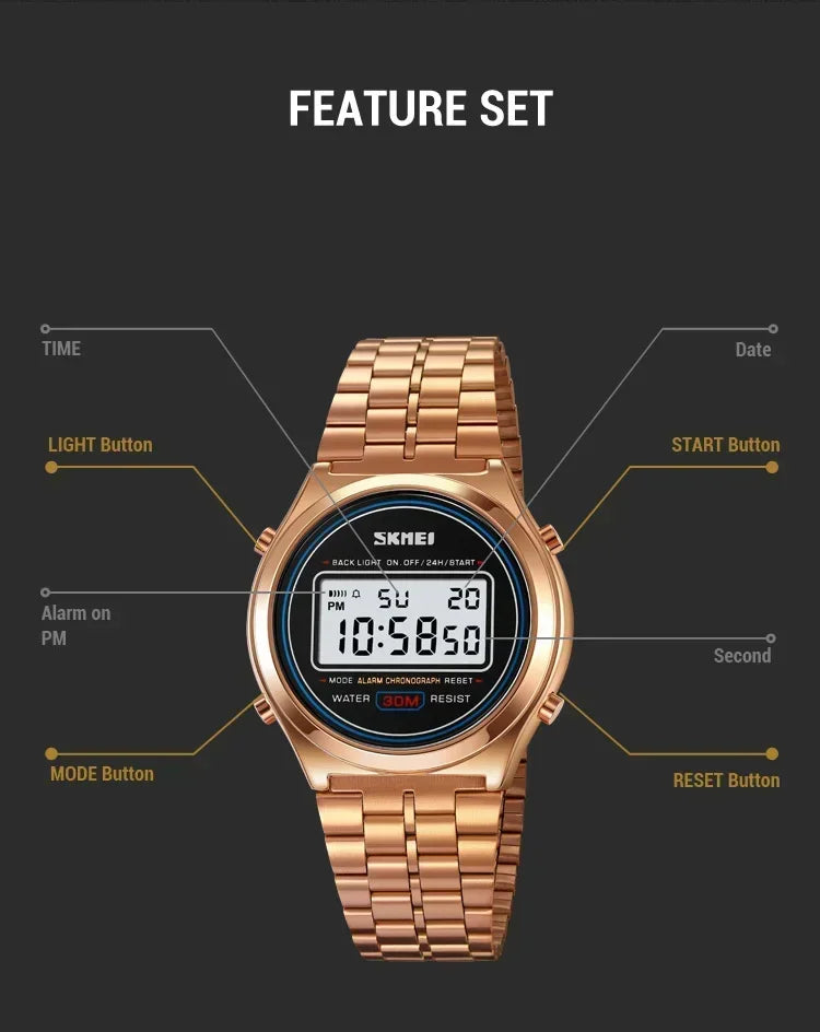 SKMEI 2146  Stainless Steel Men Waterproof Date Alarm Wriswatch reloj hombre Back Light Display Stopwatch Digital Sport Watches
