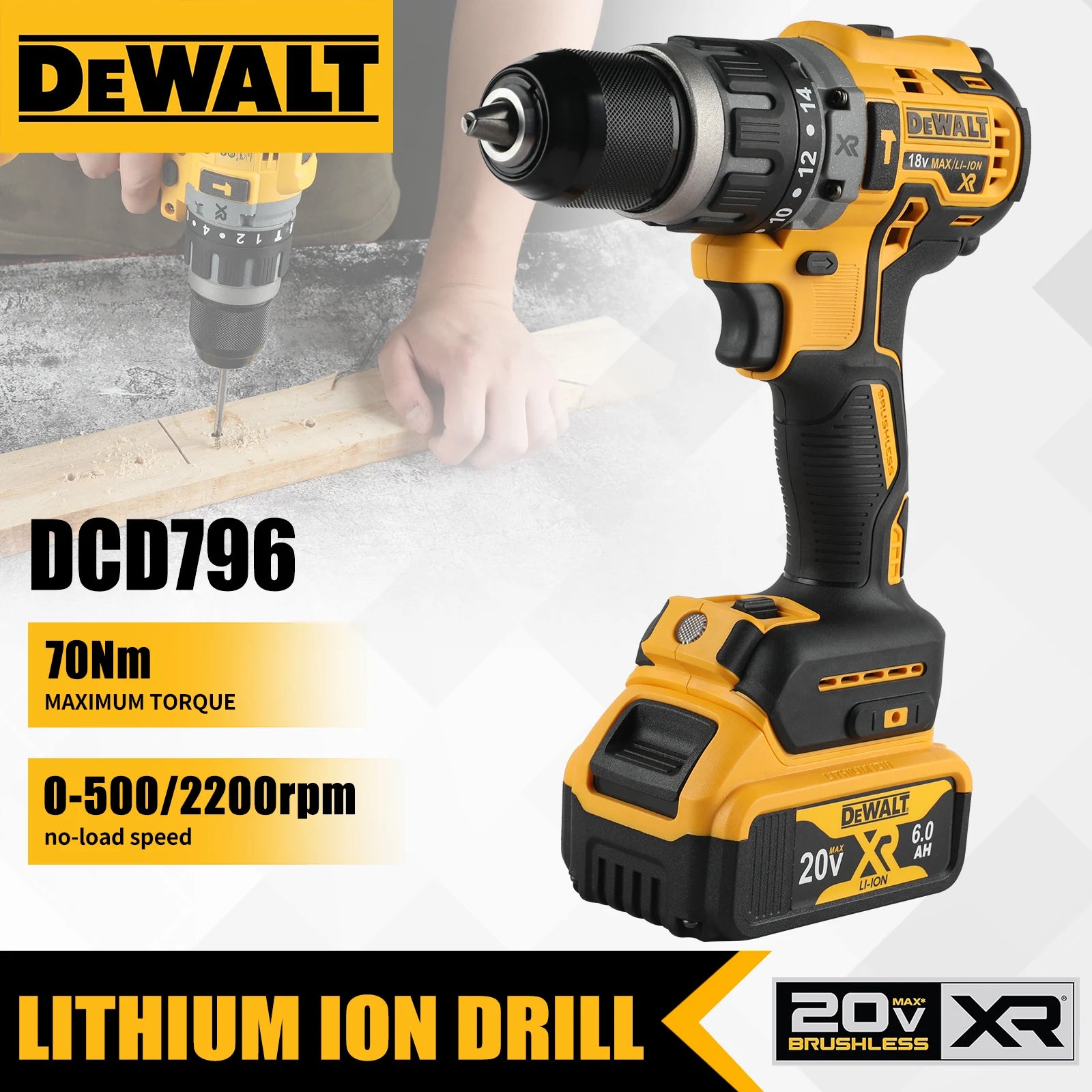 DEWALT US DCD796 Cordless Brushless Impact Drill 20V Battery Portable Compact Rechargeable Power Tools
