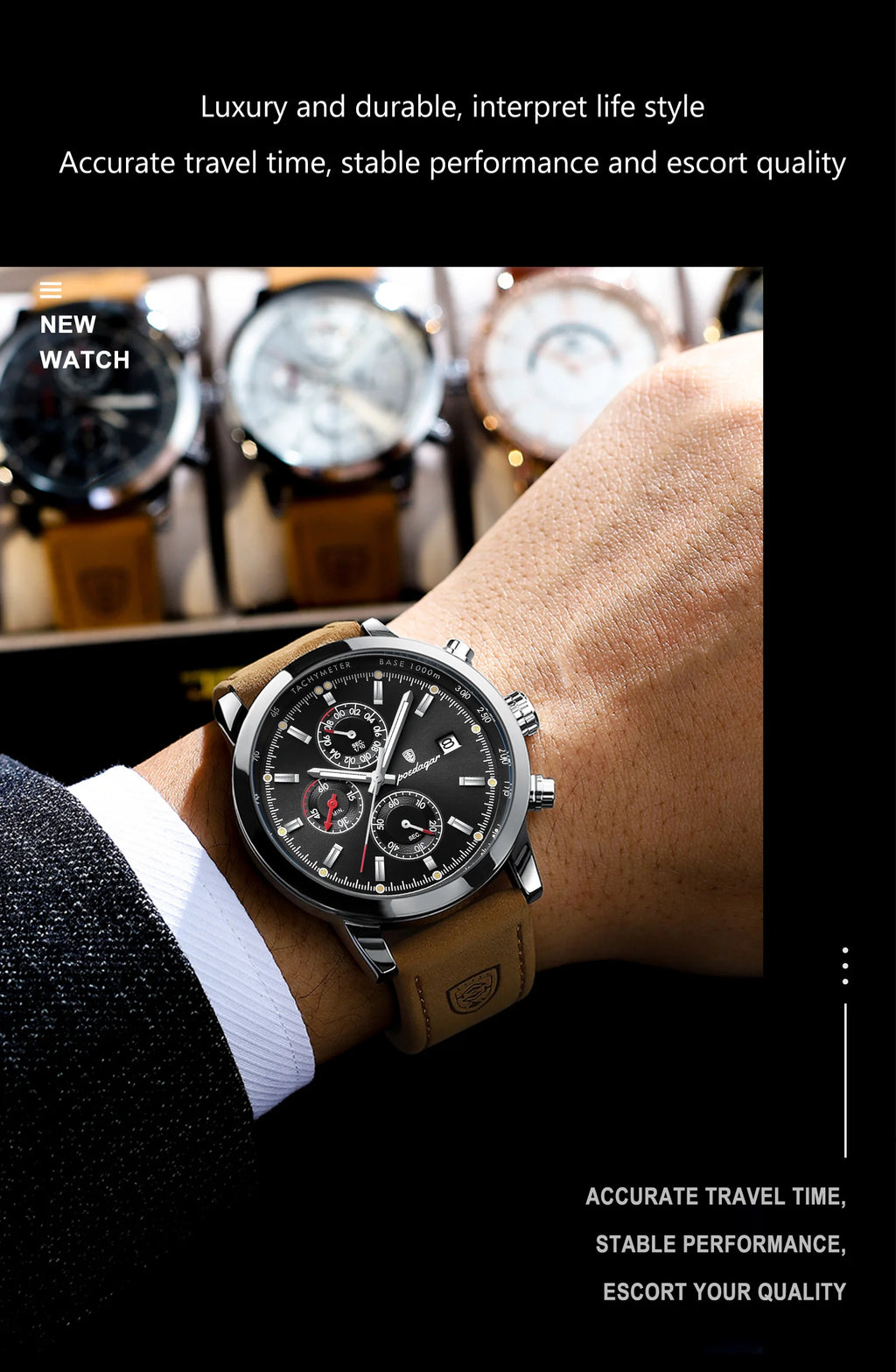 POEDAGAR Fashion Quartz Men's Watch Waterproof Luminous Chronograph Date Leather Man Watch Luxury Business Watches For Men Reloj