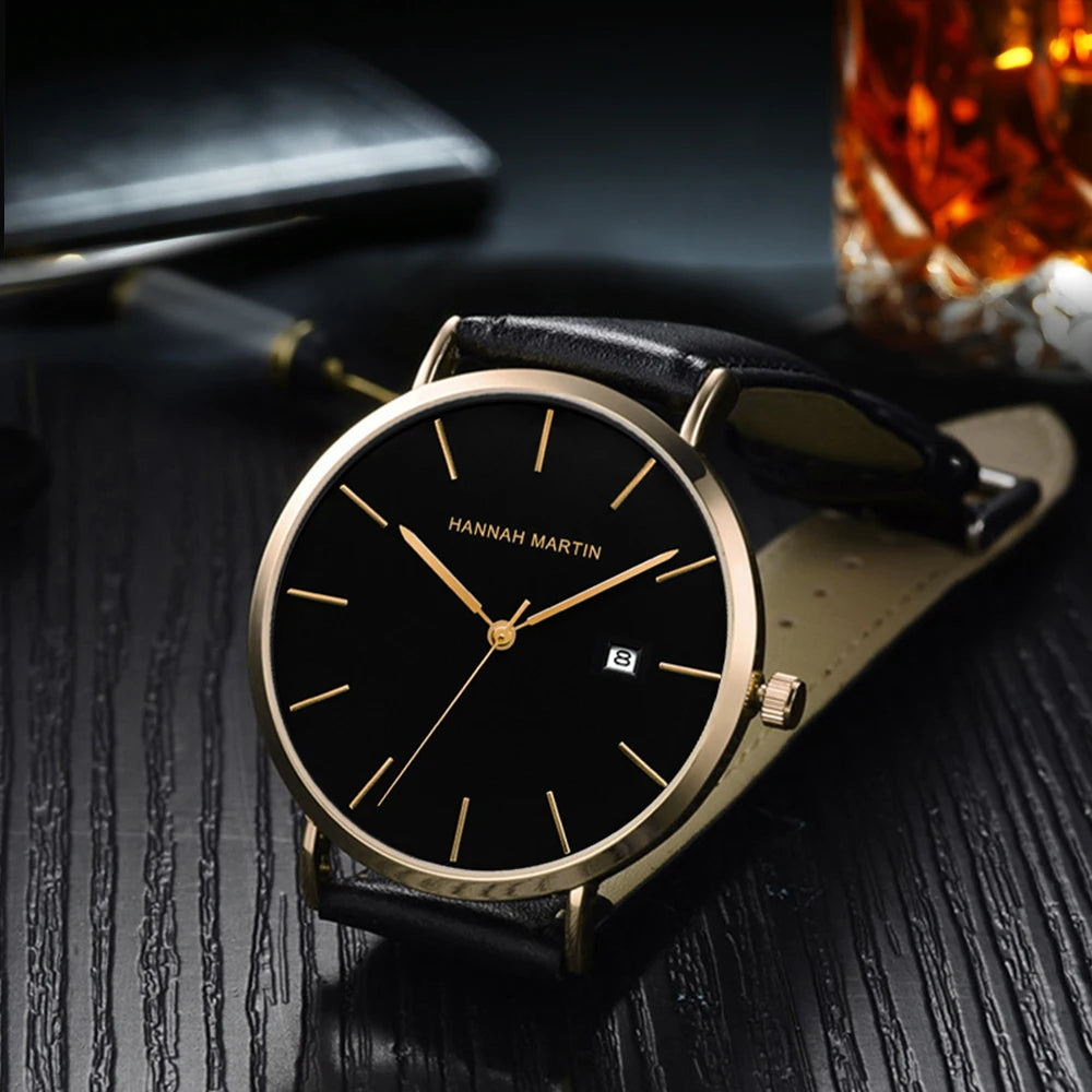 Men Dropshipping Wristwatch Hannah Martin Japan Movement 40mm Blue Minimalist Casual Leather Top Brand 3Bar Luxury Watch for Men