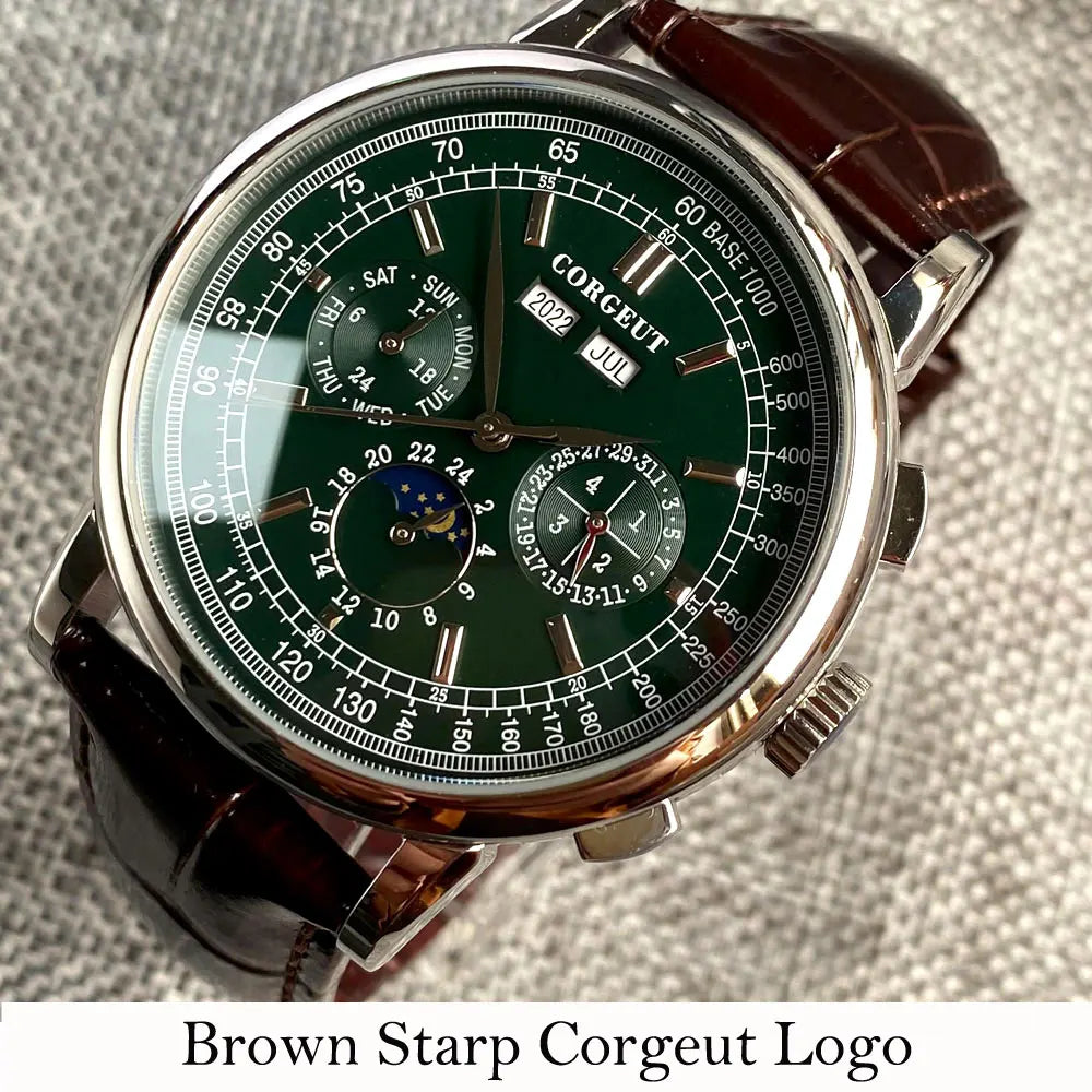 Corgeut 42mm Automatic Men's Watch Date Day Month Year Salmon Dial Multifunction 316L Leather Strap Polished Case Day Night