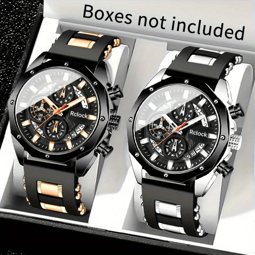 [Fashion Men's Quartz Watch ] 2pcs Casual Sports Men Watch Silicone Strap, Calendar Display, Ideal Men's Valentine's Day,
