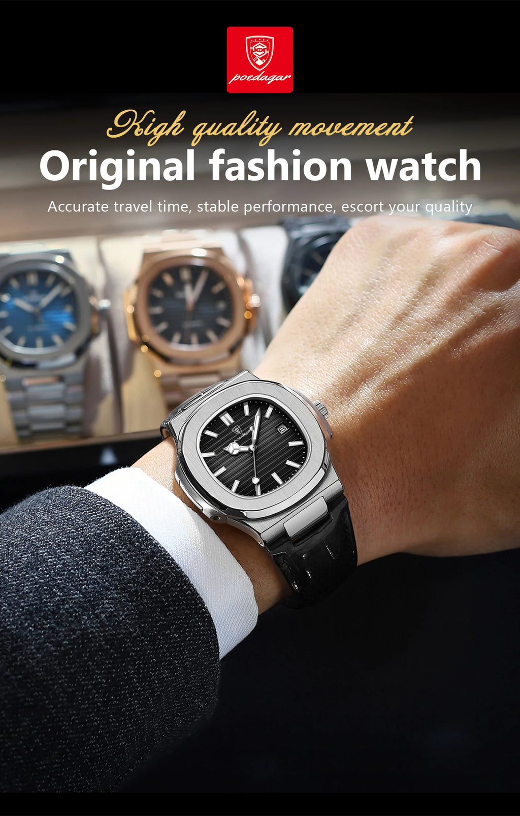 POEDAGAR Business Man Watch Date Waterproof Luminous Leather Classic Watches For Men High Quality Square Quartz Men's Wristwatch