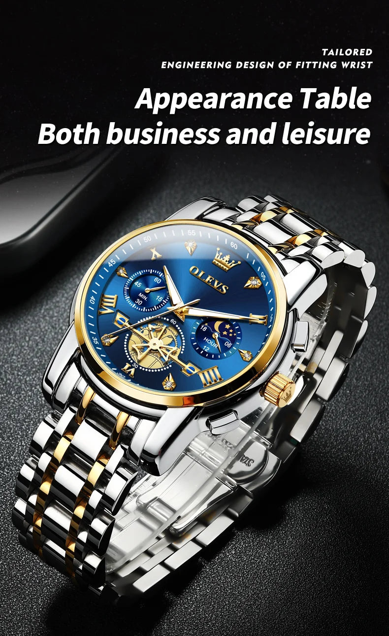 OLEVS 2856 Quartz Watch for Men Flywheel Skeleton Chronograph Moon Phase Multifunctional Stainless steel Men's Wristwatches