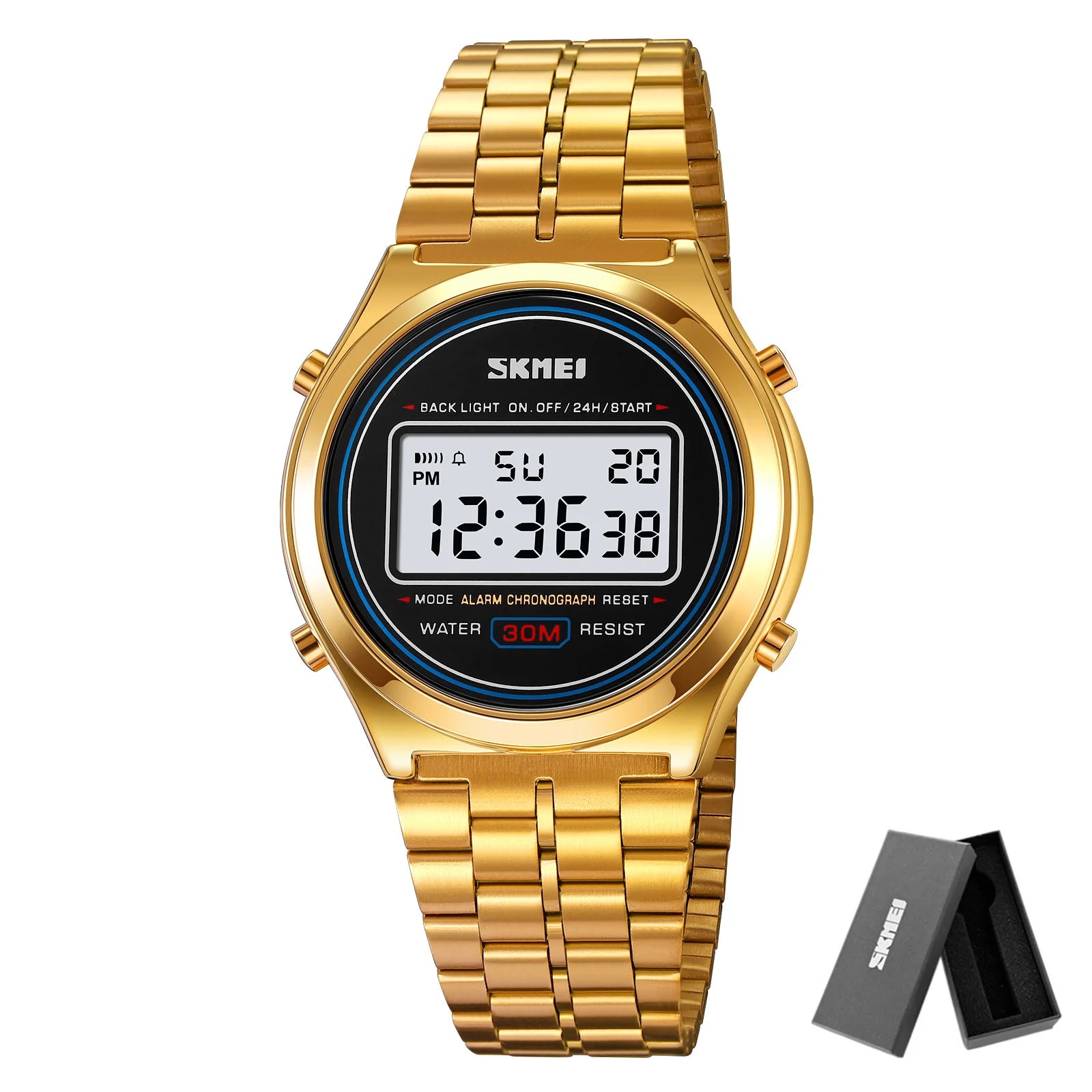 SKMEI 2146  Stainless Steel Men Waterproof Date Alarm Wriswatch reloj hombre Back Light Display Stopwatch Digital Sport Watches
