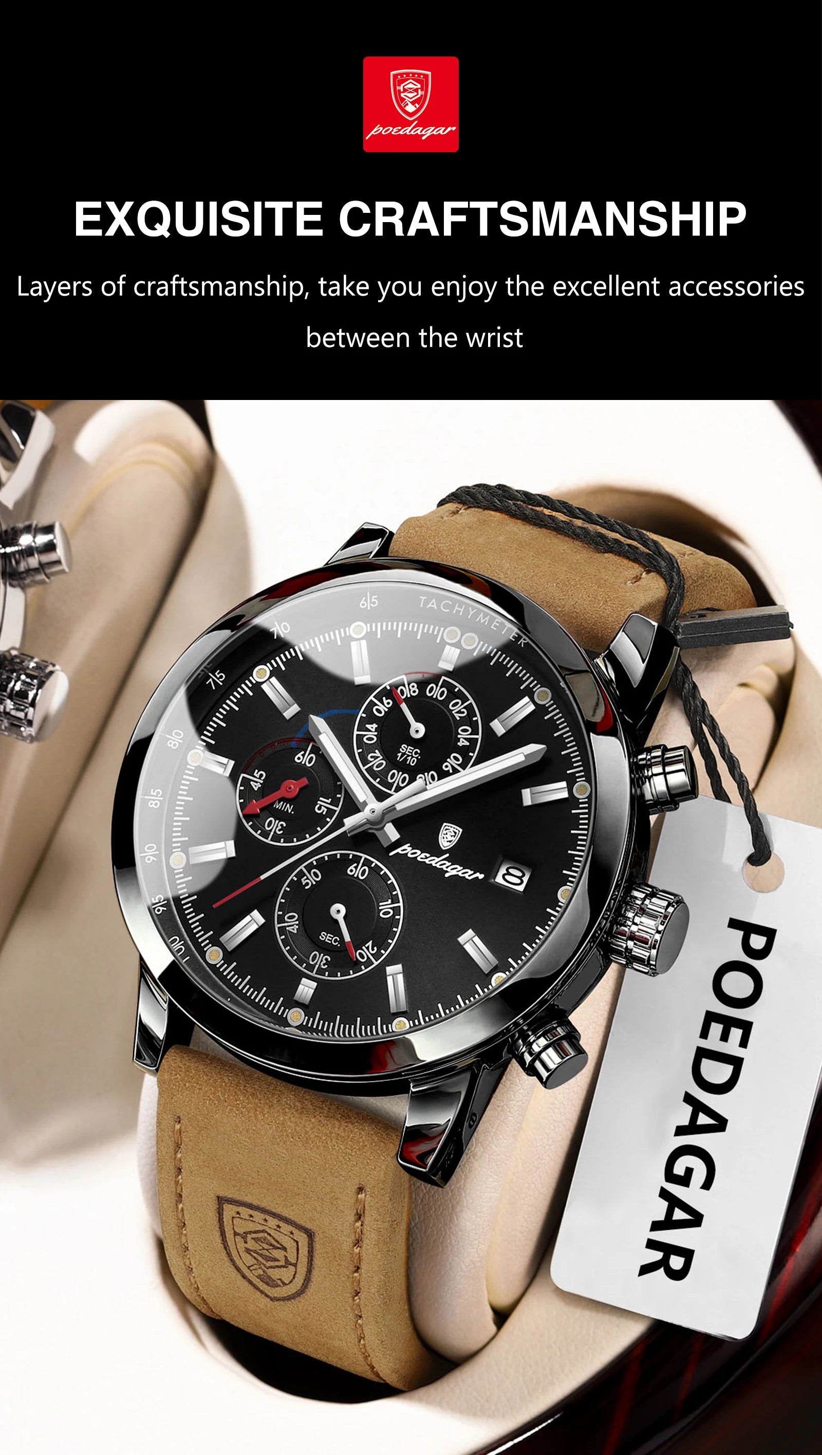 POEDAGAR Fashion Quartz Men's Watch Waterproof Luminous Chronograph Date Leather Man Watch Luxury Business Watches For Men Reloj
