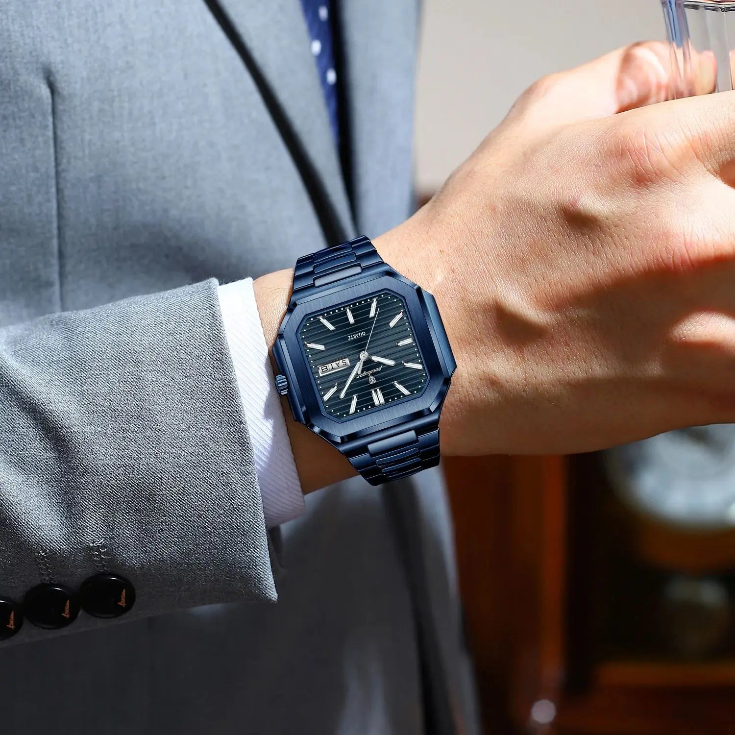 POEDAGAR Top Luxury Brand Male Watch Waterproof Luminous Date Week Quartz Men's Watches Stainless Steel Fashion Square Men Watch