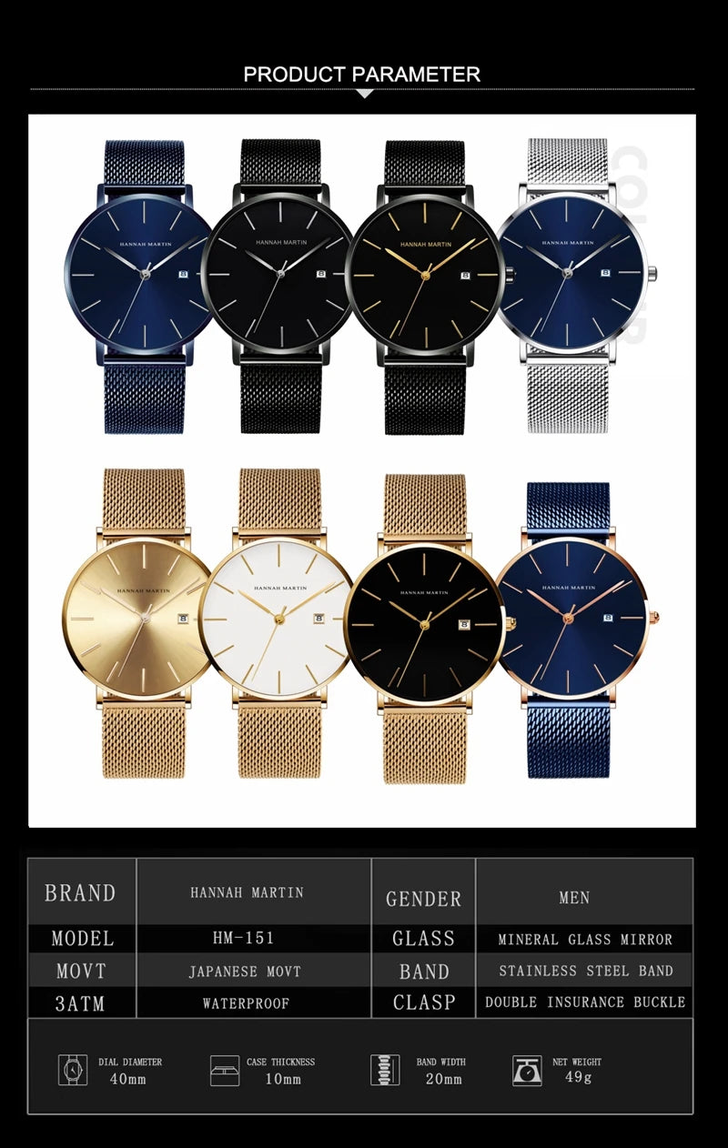 Men Dropshipping Wristwatch Hannah Martin Japan Movement 40mm Blue Minimalist Casual Leather Top Brand 3Bar Luxury Watch for Men